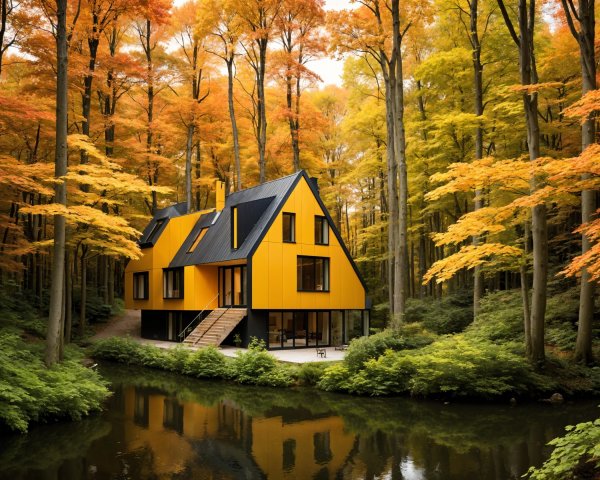 Modern house with yellow facade and autumn scenery