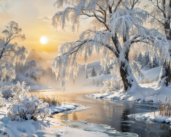 Winter Sunrise Landscape with River and Snow-Covered Trees
