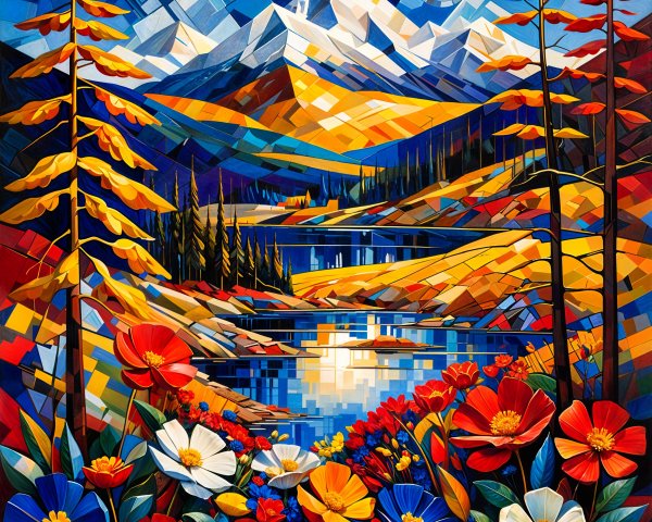 Vibrant Landscape with Lake, Mountains, and Flowers