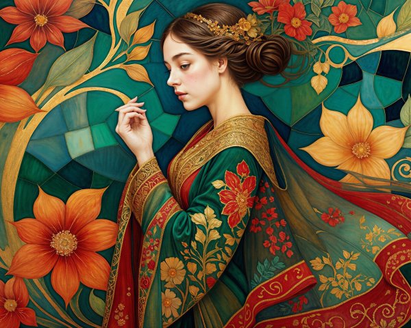 Ornate gown woman in floral and patterned backdrop