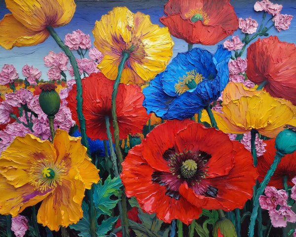 Impressionist Oil Painting of Colorful Poppies in Field