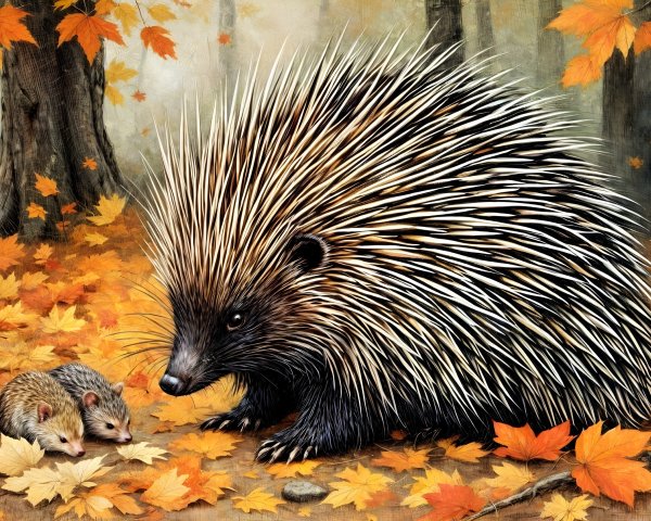 Detailed Porcupines in a Serene Autumn Forest