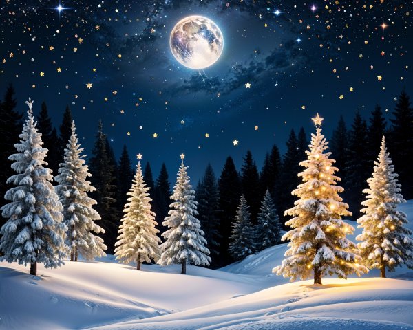 Tranquil Winter Scene with Snow and Moonlit Sky