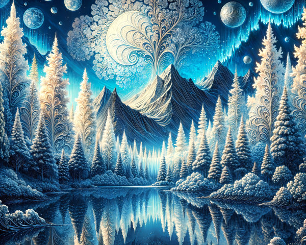 Surreal Landscape with Mountains and Celestial Bodies