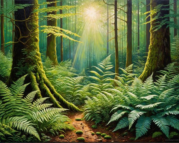 Vibrant Forest Scene with Lush Foliage and Sunlight