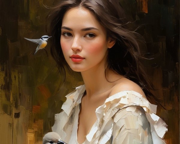 Young Woman with Birds in Serene Natural Setting