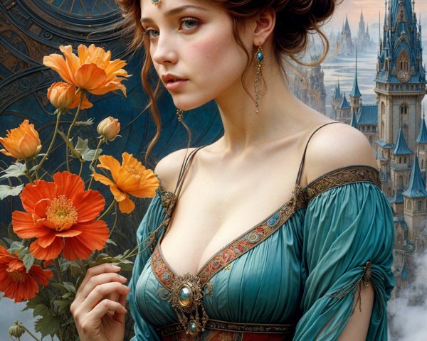 Elegant Woman in Ornate Gown Surrounded by Flowers