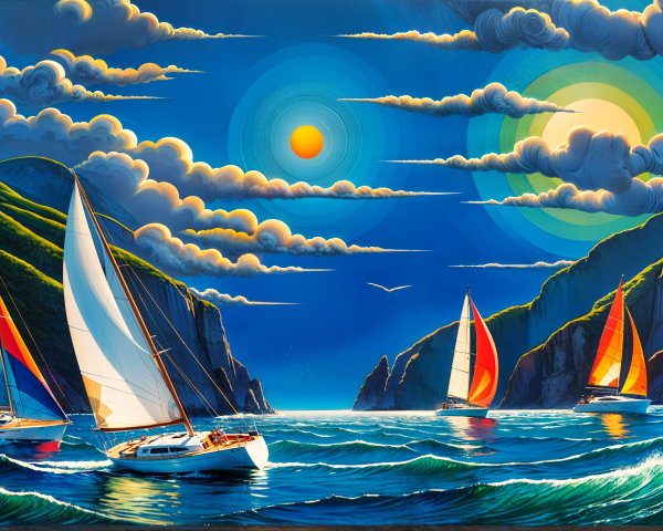 Sailing Boats in Vibrant Blue Waters and Green Hills