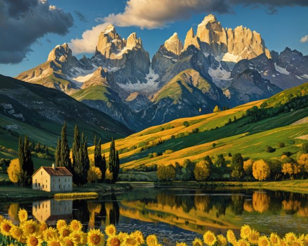 Serene landscape with house by tranquil lake and mountains