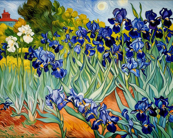 Vibrant Garden Scene with Blue Irises and White Blooms