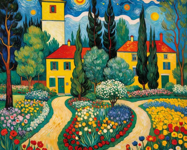 Vibrant Landscape with Yellow Houses and Blooming Flowers