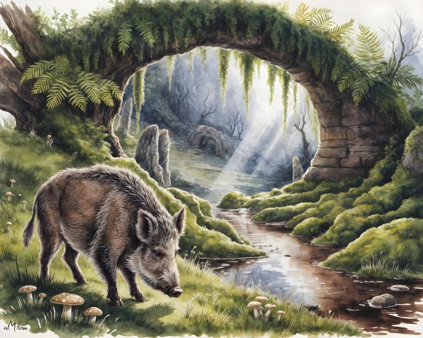 Serene Forest Scene with Wild Boar and Stream