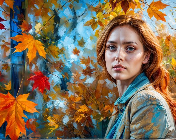 Young Woman in Denim Surrounded by Autumn Leaves