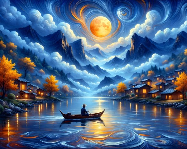 Tranquil Lake Scene with Moonlit Sky and Mountains