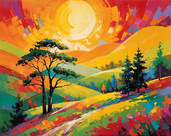 Vibrant Colorful Landscape with Rolling Hills and Trees