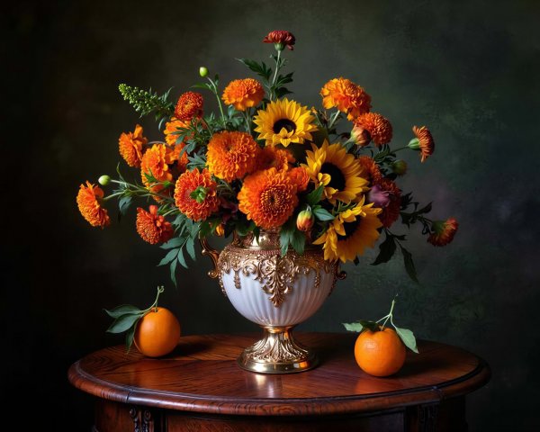 Still Life of Vintage Urn with Orange Flowers