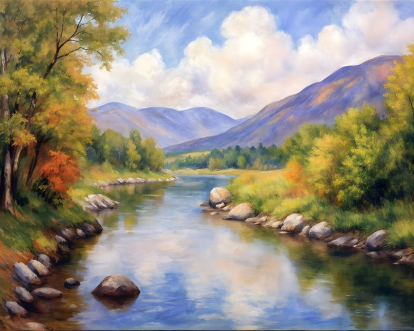 Tranquil River Landscape with Autumn Colors and Mountains