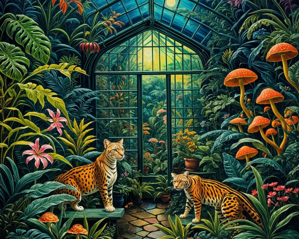 Vibrant Greenhouse with Leopards and Exotic Plants
