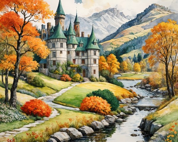 Majestic castle in autumn landscape with serene stream