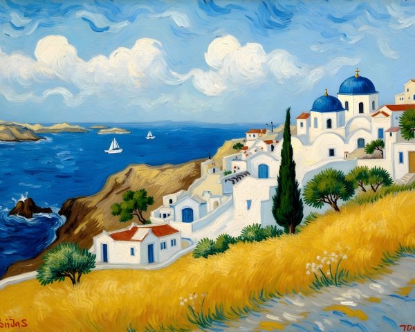 Vibrant Coastal Scene with Whitewashed Buildings and Sea