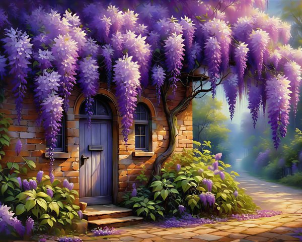 Charming Brick House Surrounded by Purple Wisteria