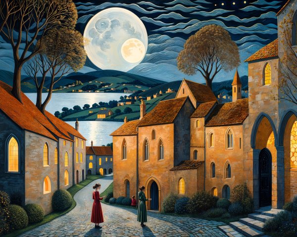 Twilight Scene in a Charming Village with Moonlight