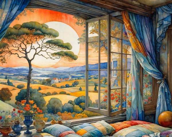 Cozy Room with Patchwork Quilt and Sunset View