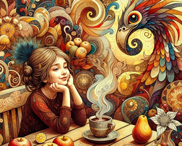 Young girl at table with coffee and vibrant tapestry