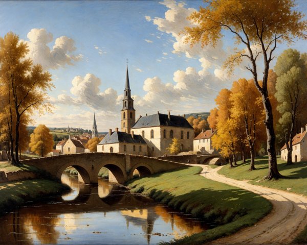 Autumn Village Landscape with River and Stone Bridge