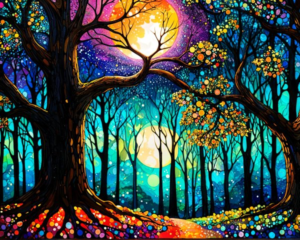 Surreal Landscape with Colorful Trees and Cosmic Backdrop