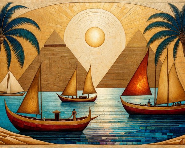 Sailboats and Pyramids in a Tranquil Landscape