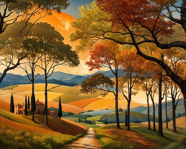 Autumn Landscape with Rolling Hills and Rustic House