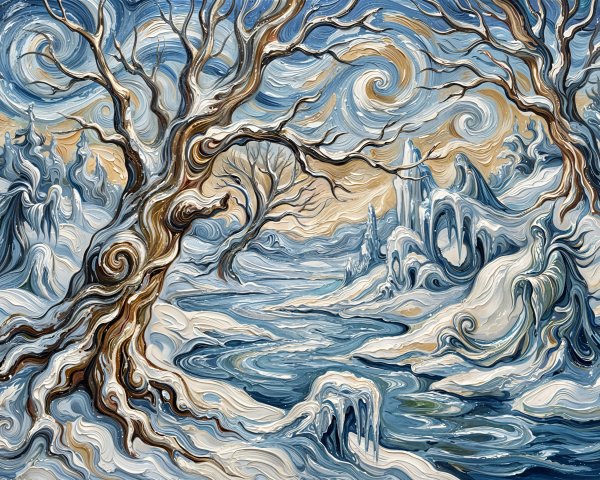 Abstract Winter Landscape with Flowing River