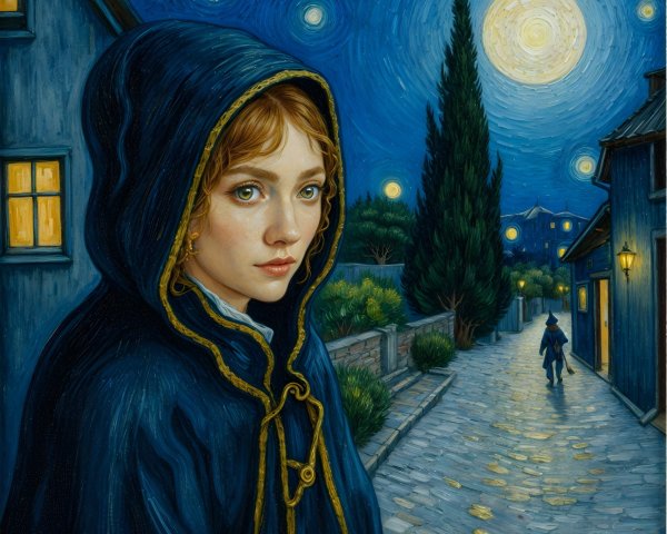 Young girl in hooded cloak on a cobblestone street