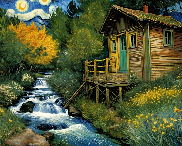Wooden Cabin on Stilts by a Flowing Stream