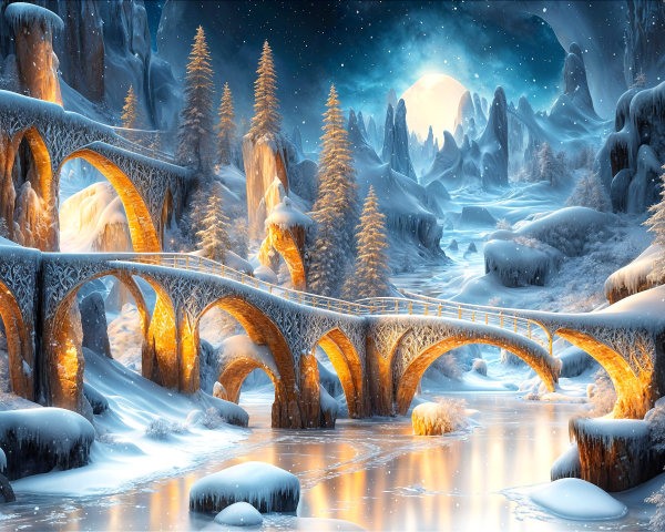 Fantasy Winter Wonderland with Stone Bridges and Snow