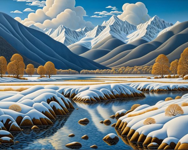 Serene Winter Landscape with River and Snowy Mountains