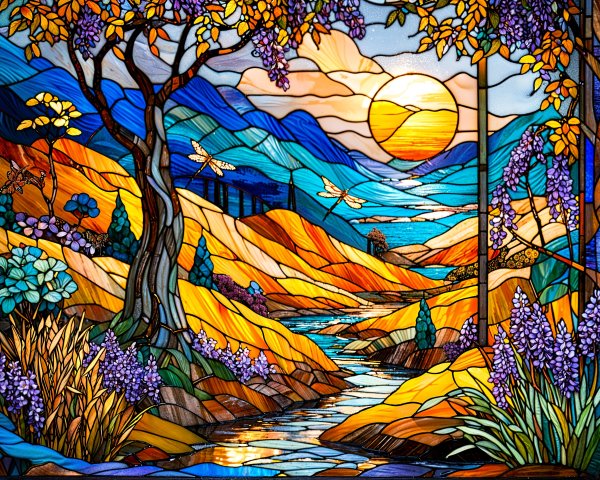 Vibrant Stained Glass Landscape with Mountains and Stream
