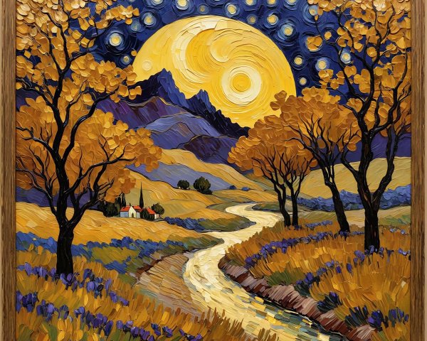 Digital Painting of Night Landscape with Full Moon