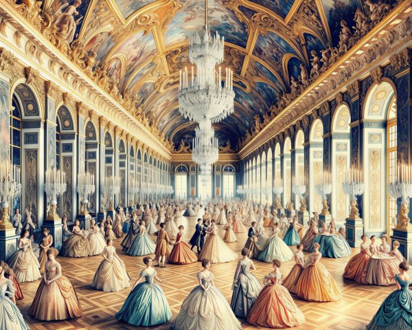 Opulent ballroom with elegant dancers and chandeliers