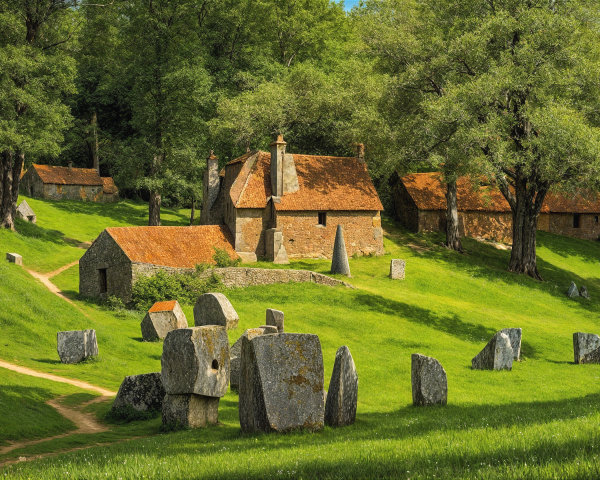 Lush Green Fields and Quaint Cottages in Nature