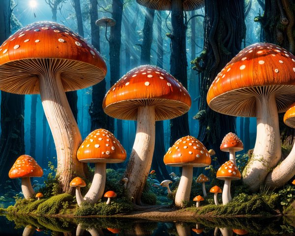 Vibrant Red Mushrooms in a Mystical Forest Setting