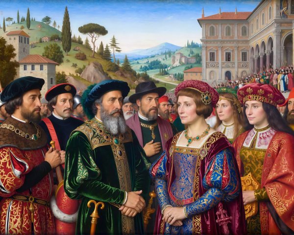 Medieval Gathering in an Oil Painting at a Museum