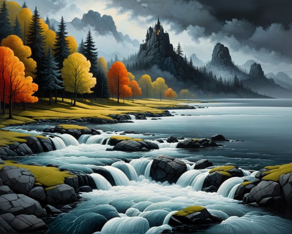 Cascading Waterfall and Autumn Trees Landscape
