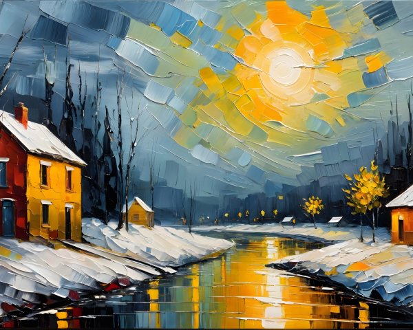 Winter Landscape with Colorful Houses and River