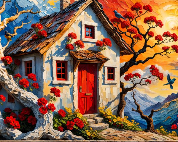 Charming Cottage in Vibrant Sunset Landscape