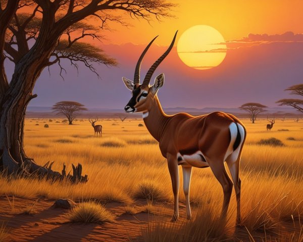 Antelope in Golden Savanna at Sunset with Acacia Trees