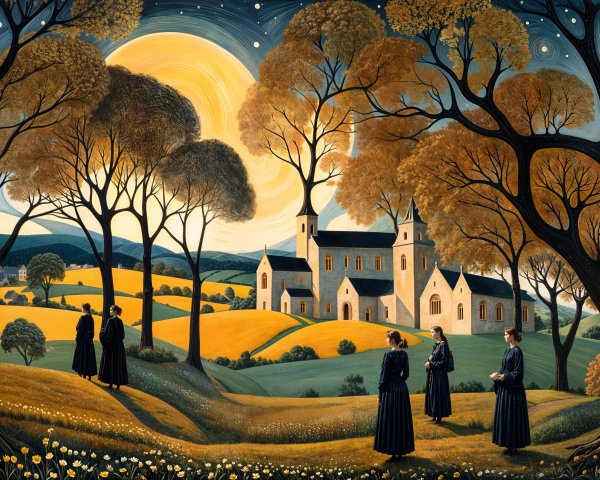 Serene Landscape with Church and Victorian Figures
