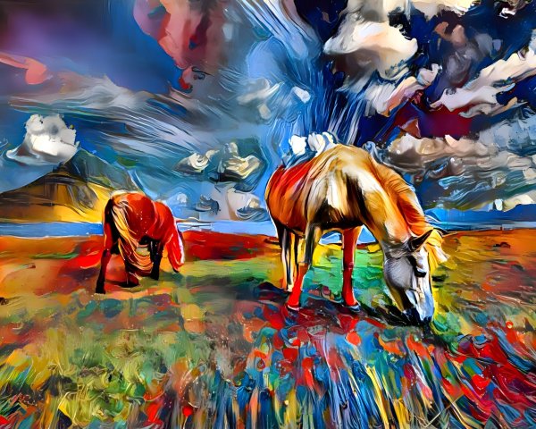 Vibrant Abstract Landscape with Grazing Horses