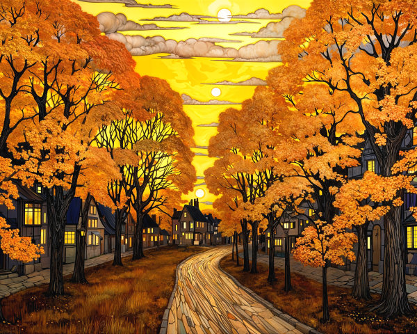 Autumn Neighborhood Path with Vibrant Orange Trees